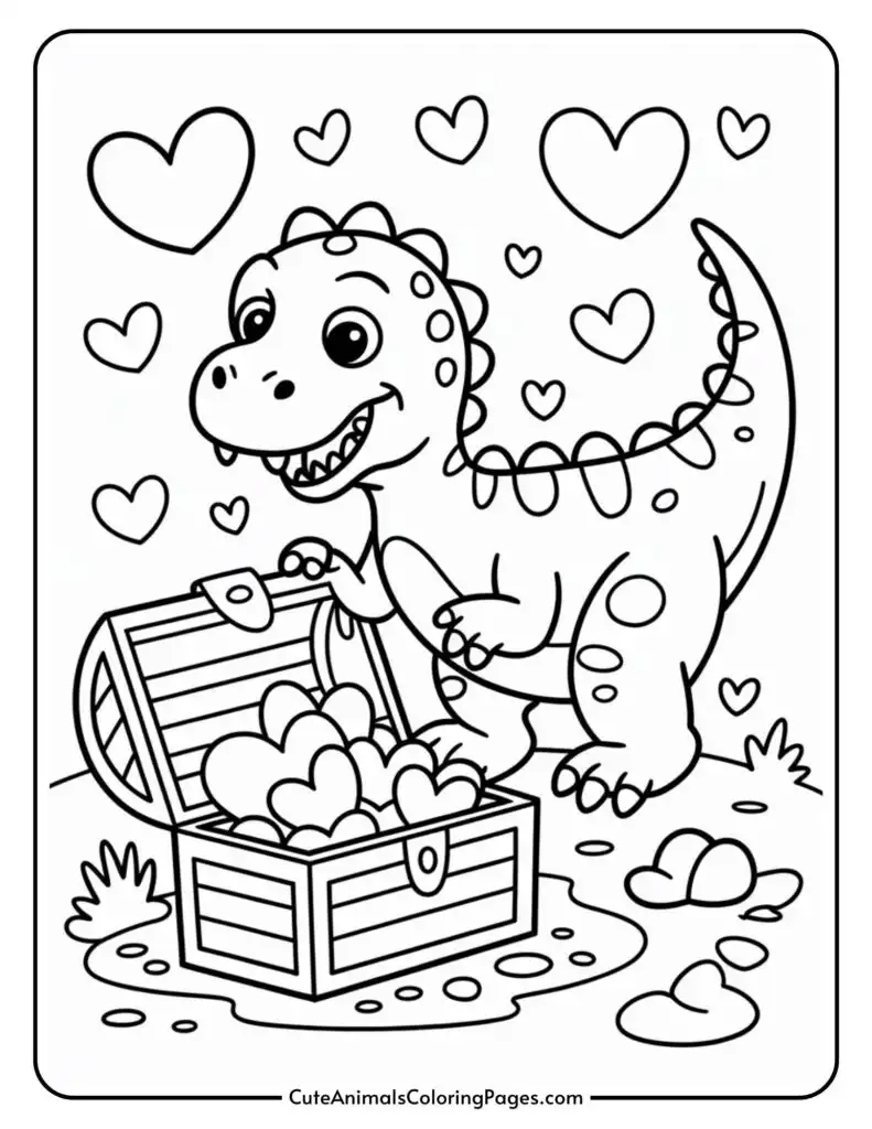 A happy cartoon dinosaur with hearts around it, standing beside an open treasure chest filled with more hearts.