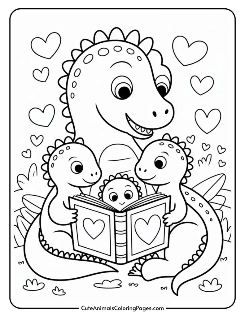 A family of cartoon dinosaurs with heart motifs reads a book together.