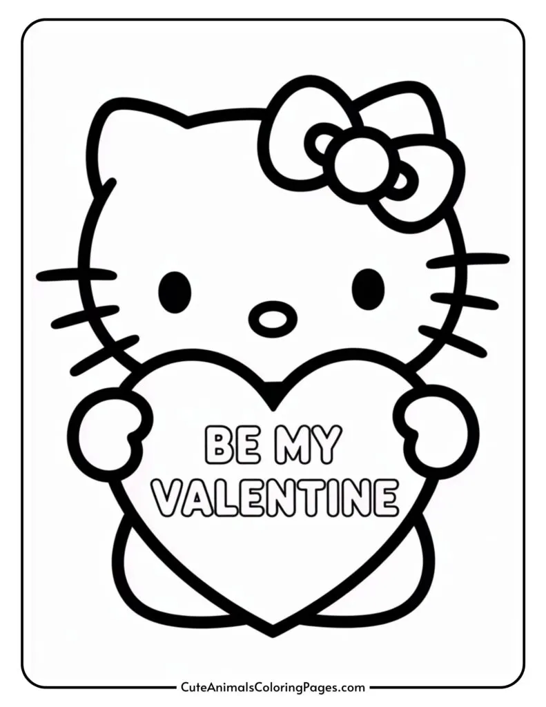A cartoon cat holding a heart with the text "BE MY VALENTINE" in a coloring page style.