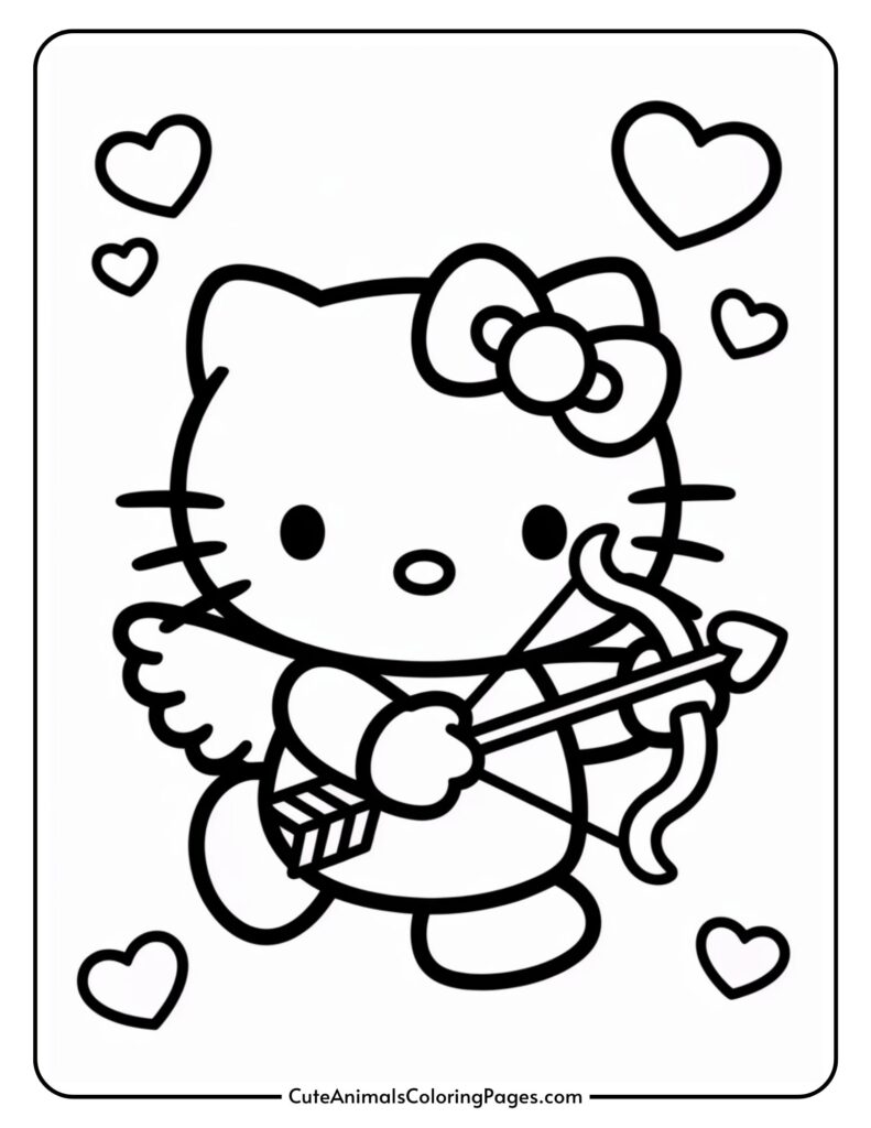 Cartoon cat wearing a bow, holding a bow and arrow with hearts around it.