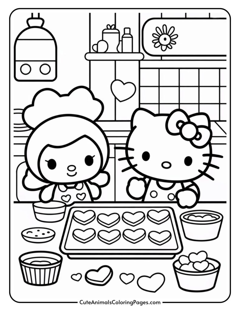 Two cartoon characters baking heart-shaped cookies in a kitchen with bowls and a tray.
