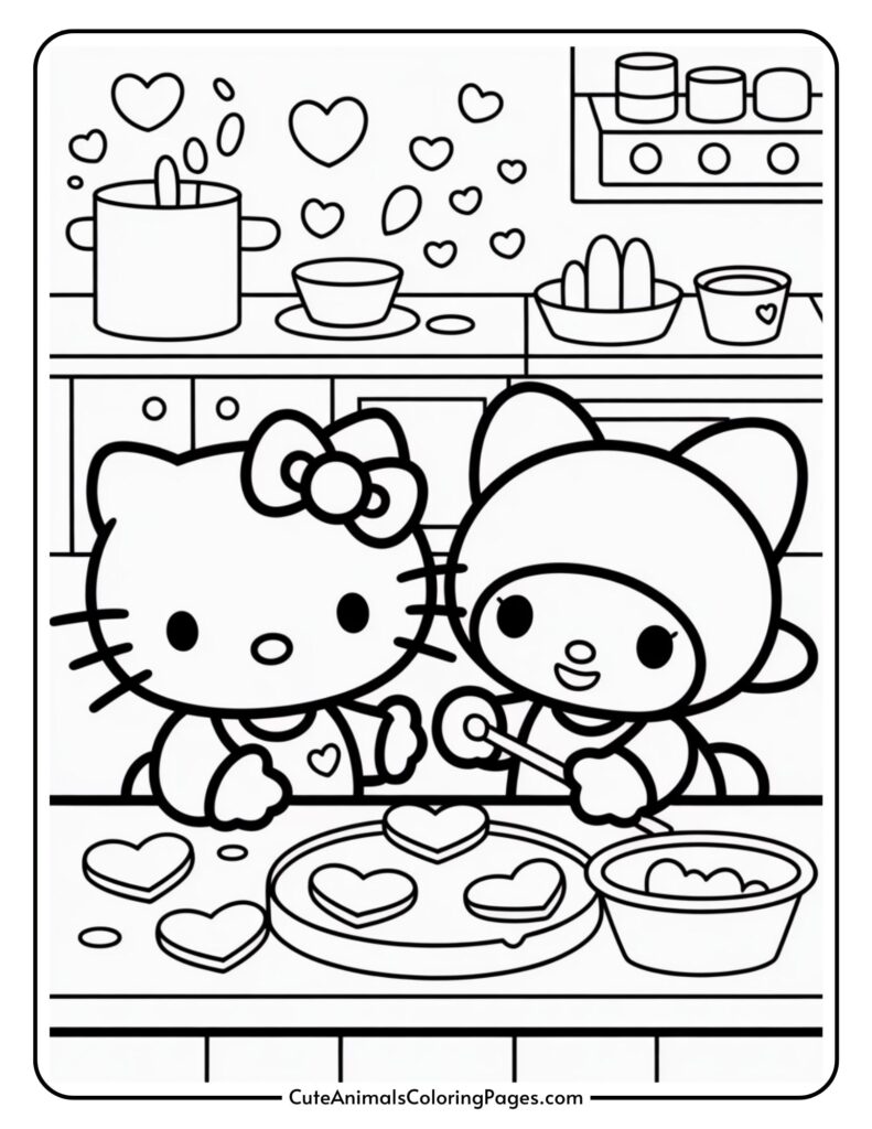 Hello Kitty and a friend making heart-shaped cookies in a kitchen with baking tools and ingredients around them.
