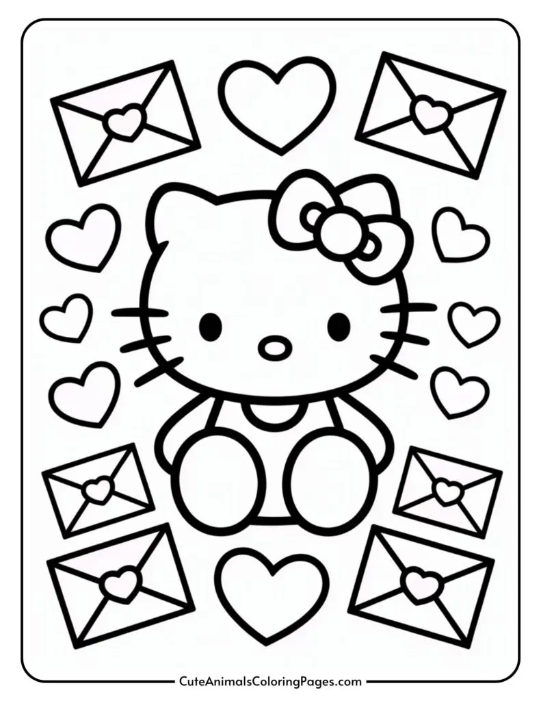 Cartoon cat with a bow surrounded by hearts and envelopes.