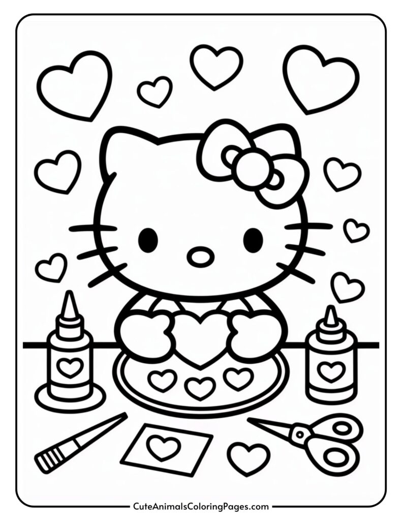 A cartoon cat with a bow holds a heart, surrounded by craft supplies like glue and scissors, with hearts floating around.
