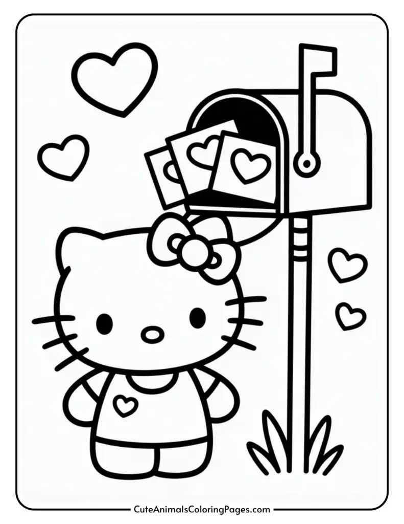 Cartoon cat with a bow near a mailbox filled with heart-decorated envelopes, surrounded by floating hearts.