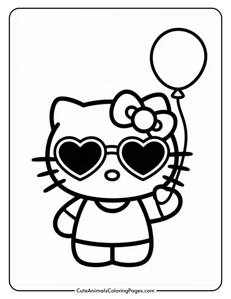 Cartoon cat wearing heart-shaped sunglasses, holding a balloon, with a bow on its head.