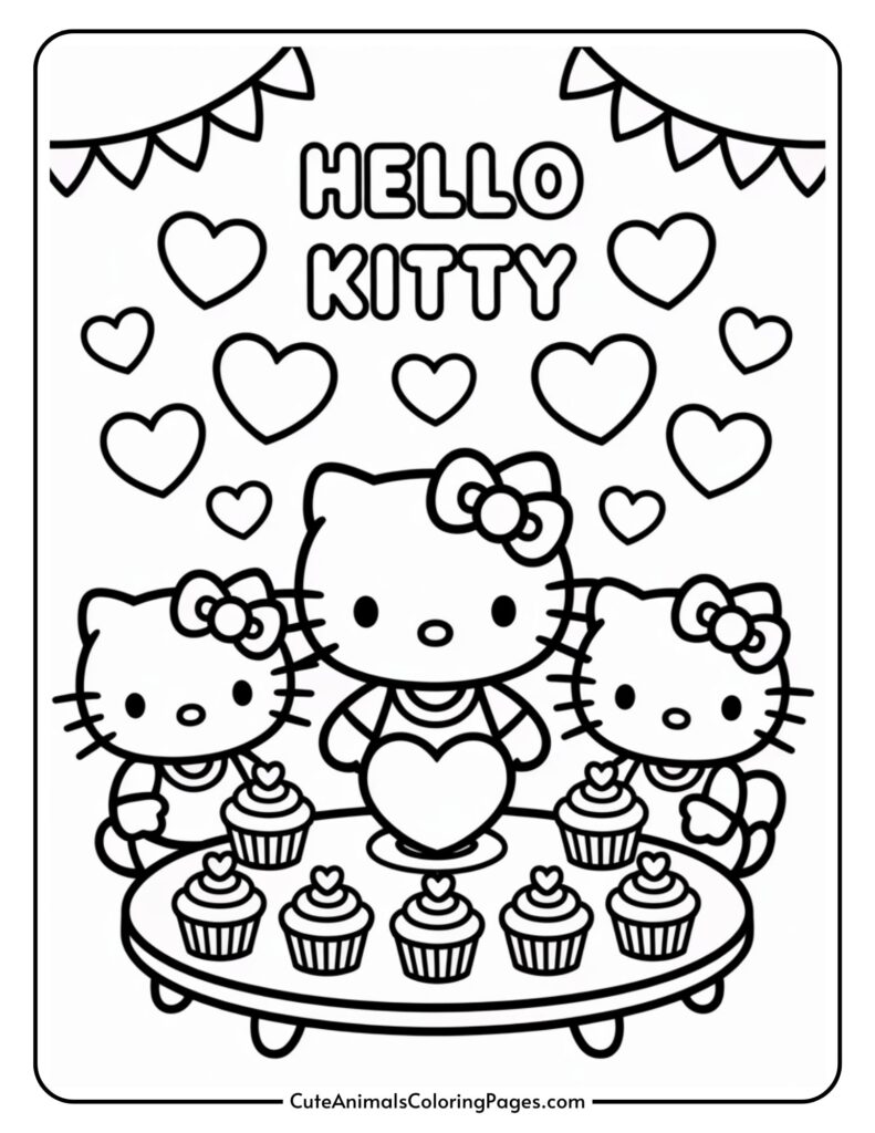 Hello Kitty and two smaller characters standing behind a table of cupcakes, surrounded by hearts and the words "Hello Kitty" above.