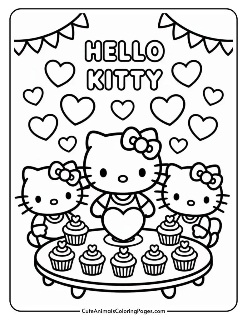 Hello Kitty and two smaller characters standing behind a table of cupcakes, surrounded by hearts and the words "Hello Kitty" above.