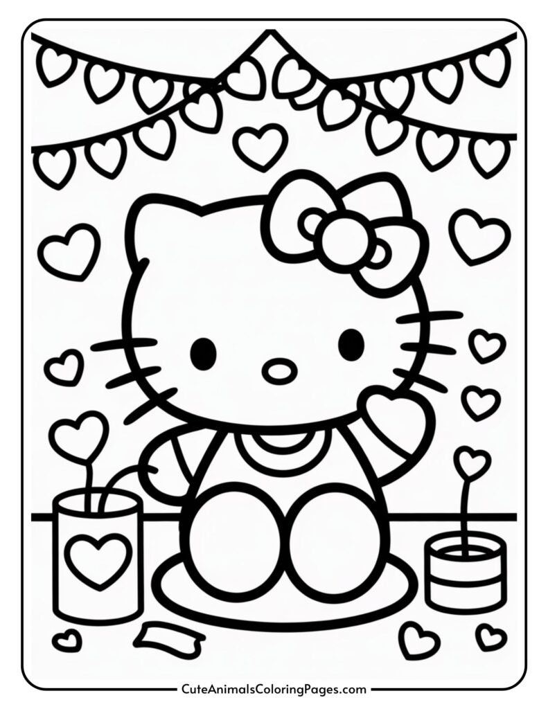 A cartoon cat with a bow sits among heart decorations and candles in a coloring page.