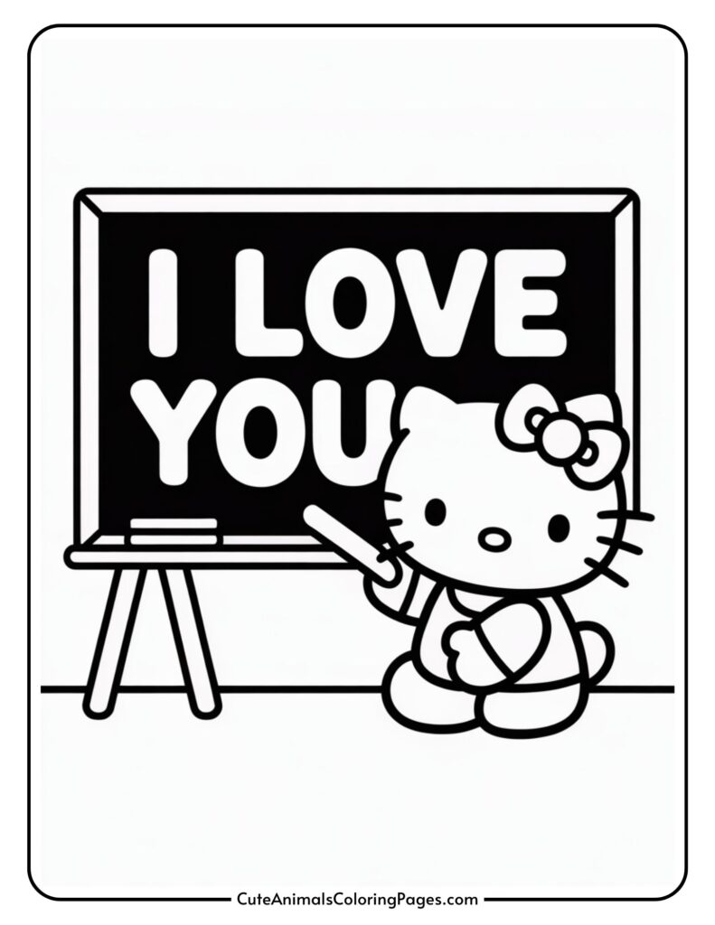 Hello Kitty pointing at a blackboard with "I Love You" written on it.
