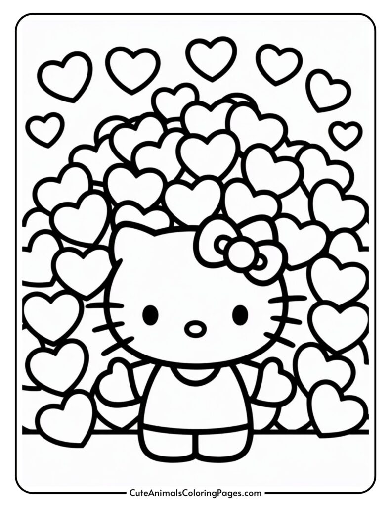 Cartoon cat with a bow surrounded by numerous hearts, in a coloring page style.