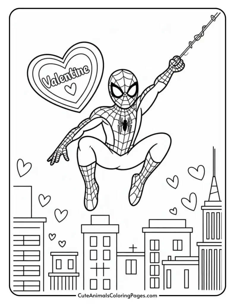 Spider-Man swings over a cityscape with heart motifs and "Valentine" text in a heart shape.
