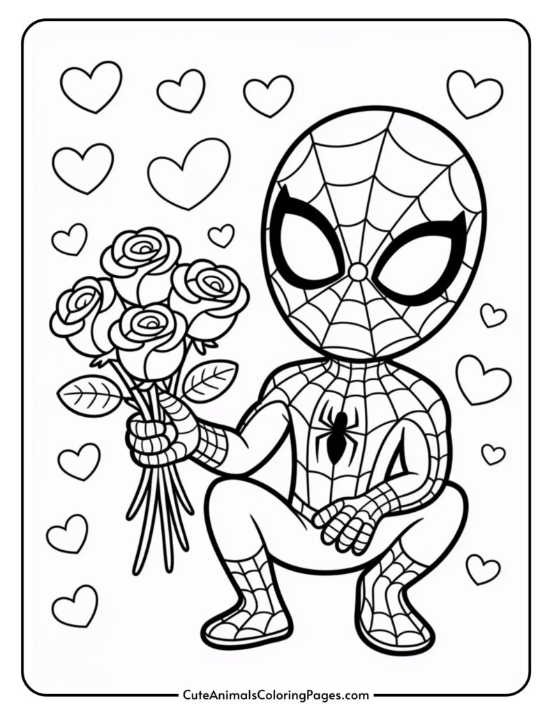 Cartoon superhero in a web-patterned suit holding a bouquet of roses, surrounded by hearts.