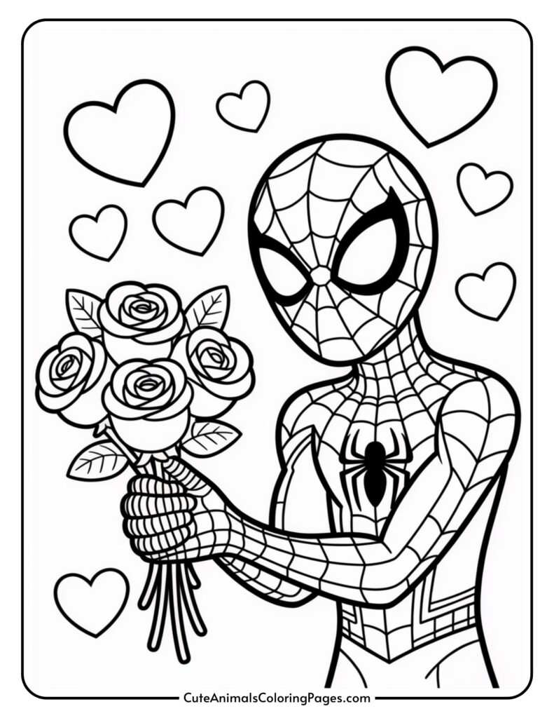 A cartoon superhero holding a bouquet of roses surrounded by heart shapes.