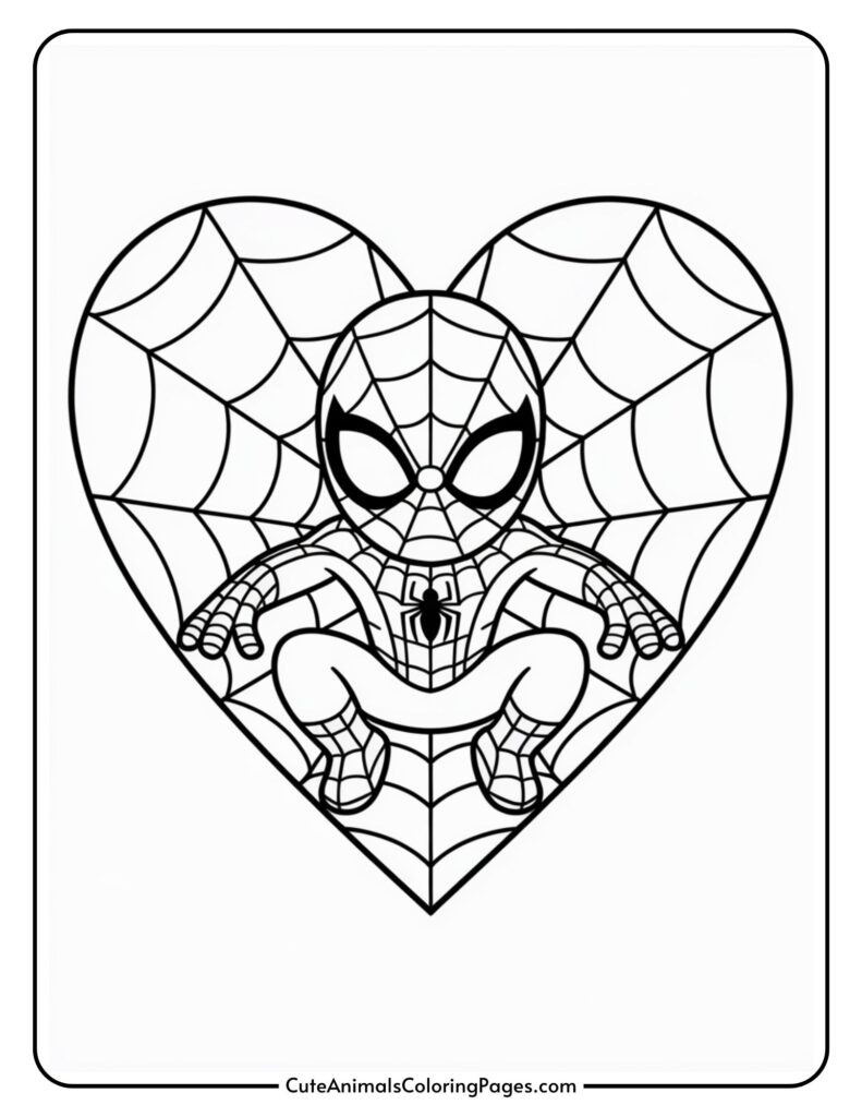 A coloring page of a cartoon superhero in a spider-themed suit crouching inside a heart-shaped web.