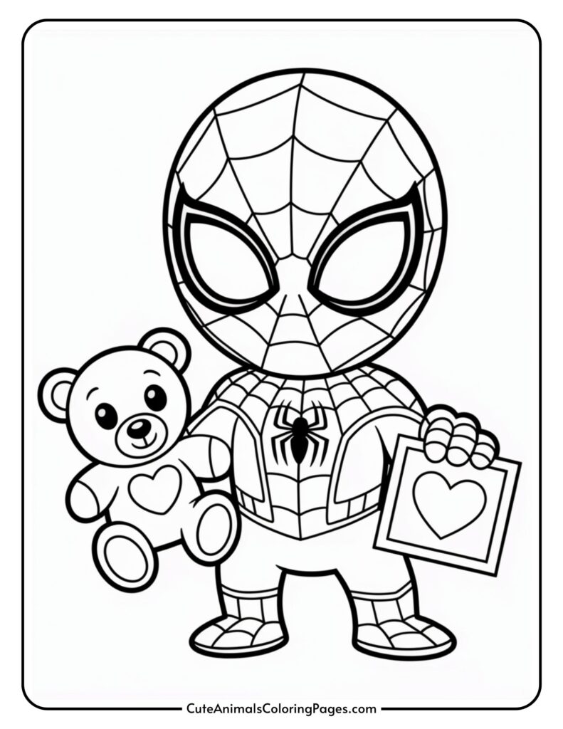 A cartoon superhero in costume holding a teddy bear and a picture with a heart, designed as a coloring page.