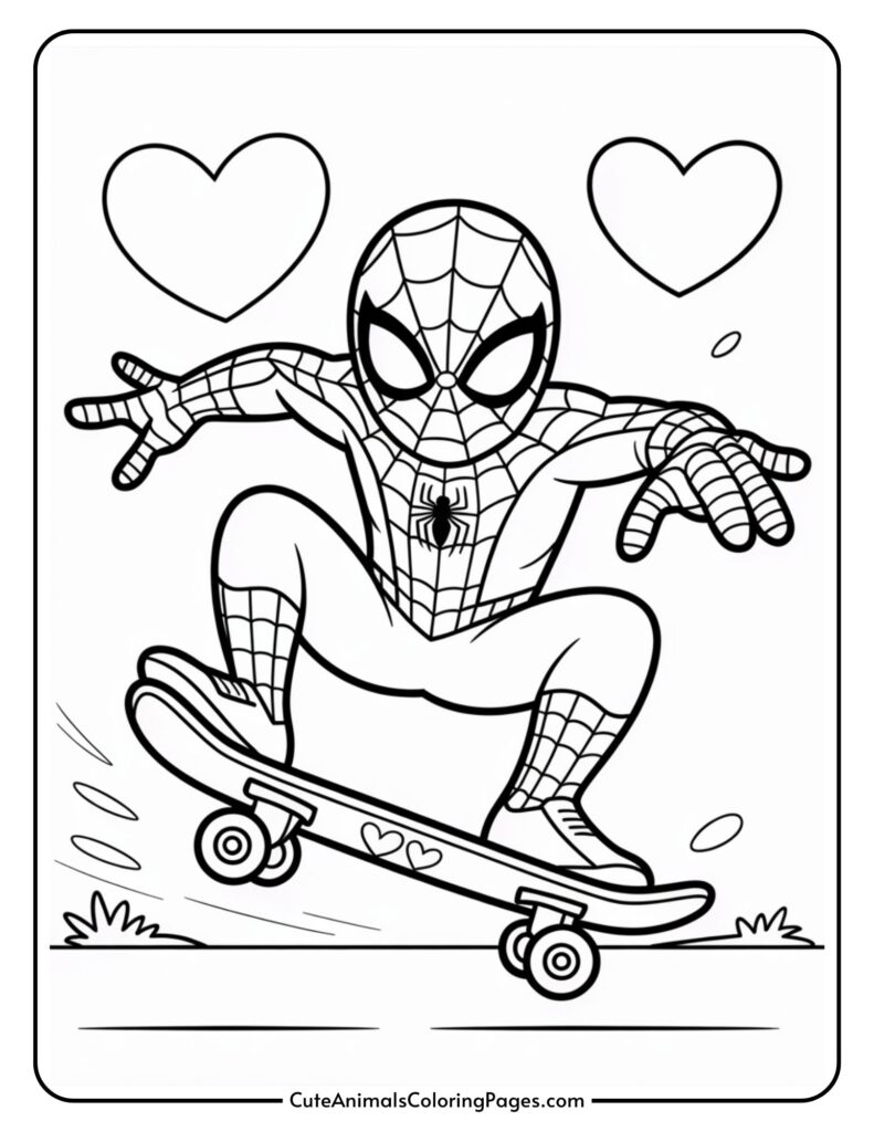 Spider-themed superhero skateboarding with hearts in the background, in a coloring page style.