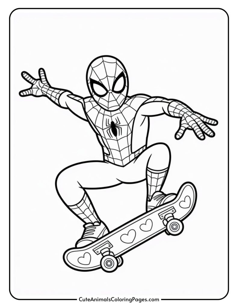 A superhero in a spider-themed costume performs a trick on a skateboard decorated with heart designs.