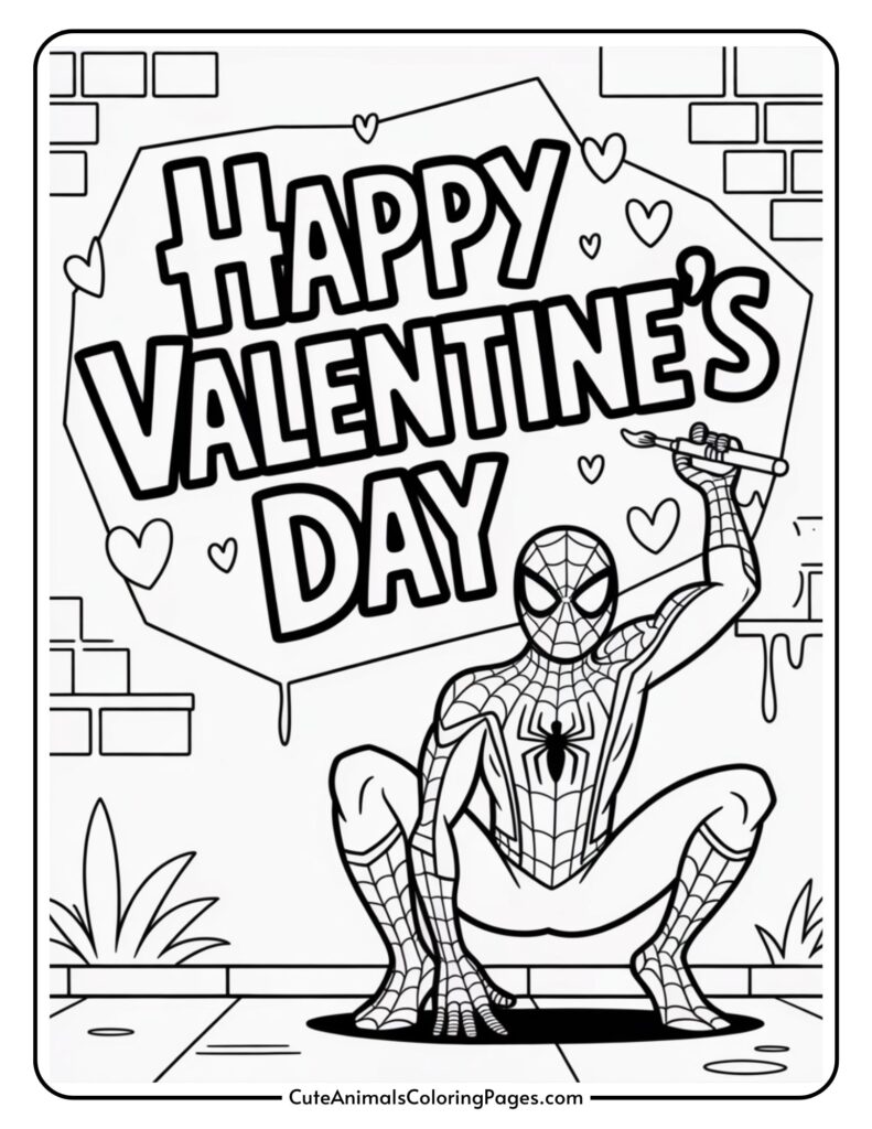 Spider-Man holding a paintbrush under a "Happy Valentine's Day" sign with hearts.