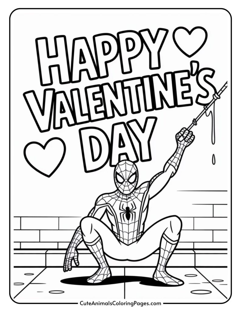 Spider-themed superhero holding a web string with "Happy Valentine's Day" text and hearts.