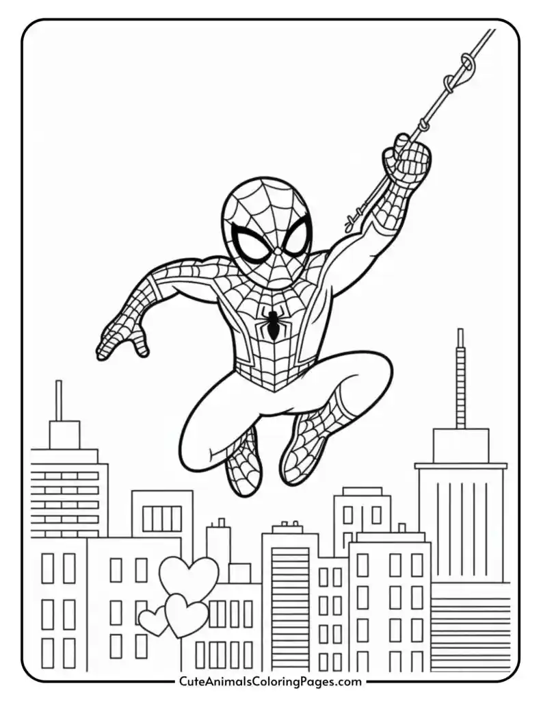 Cartoon superhero swinging over a cityscape, featuring buildings and floating hearts.