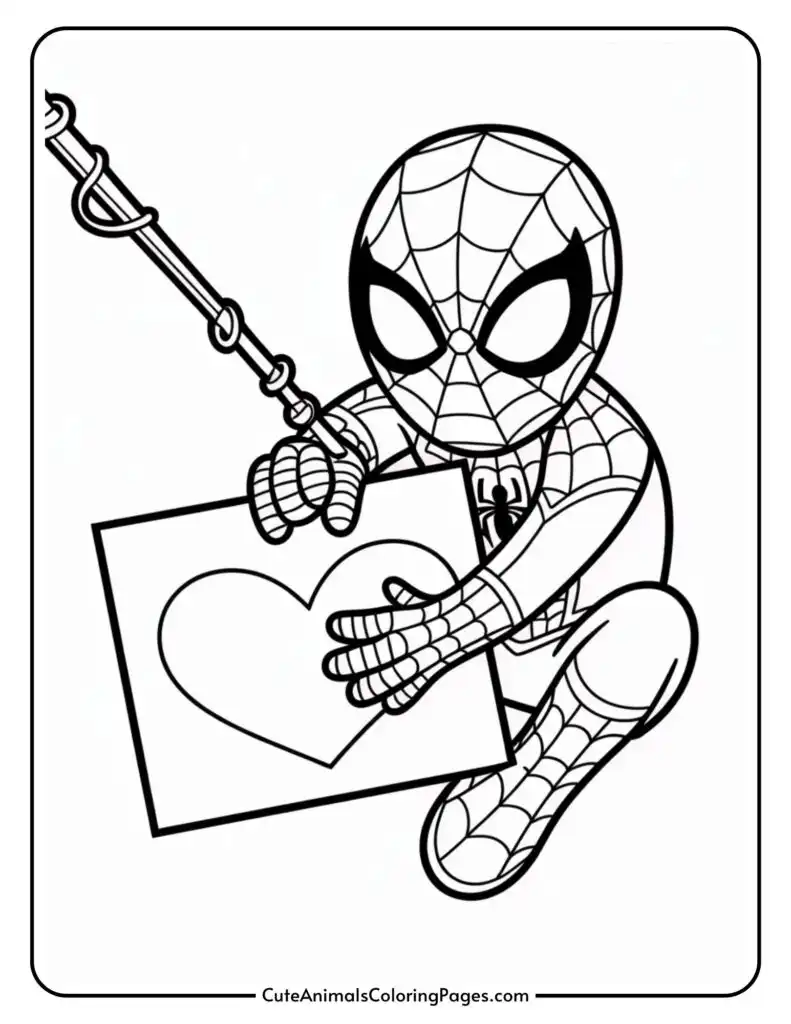 A cartoon superhero swings on a web while holding a sign with a large heart symbol.