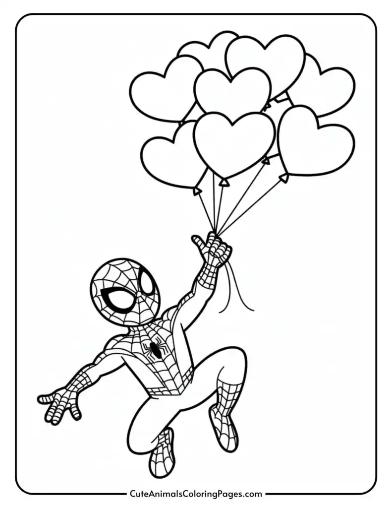 Cartoon character in a suit swings on heart-shaped balloons while in a dynamic action pose.
