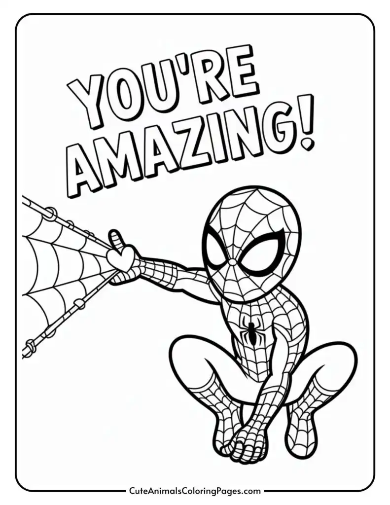 Stylized character in a crouching pose, extending a web, with bold text "YOU'RE AMAZING!" above.