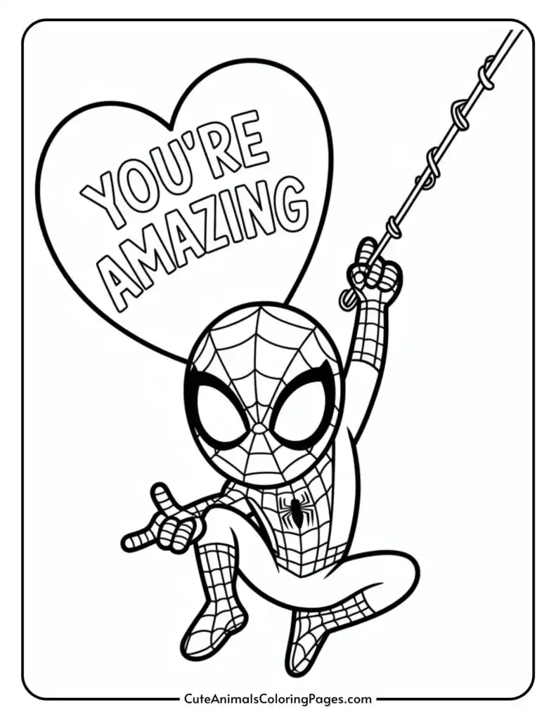 Cartoon Spider-Man swinging on a web with a heart saying "YOU'RE AMAZING" in the background.