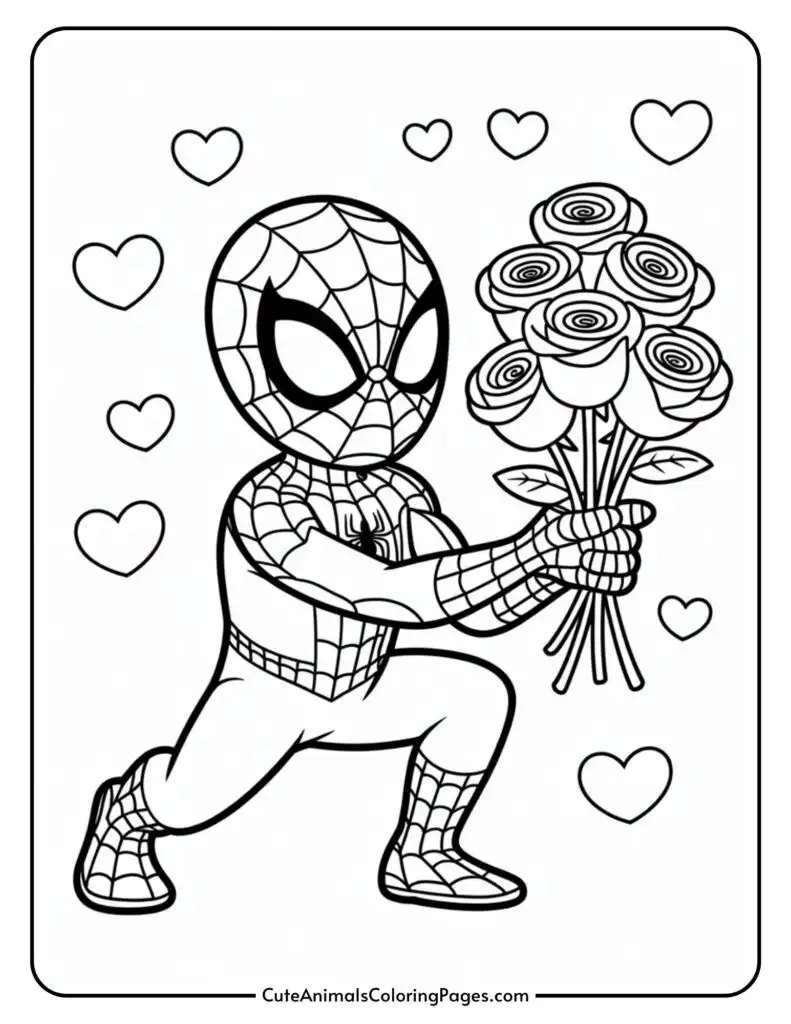 Cartoon superhero holding a bouquet of roses, surrounded by hearts.