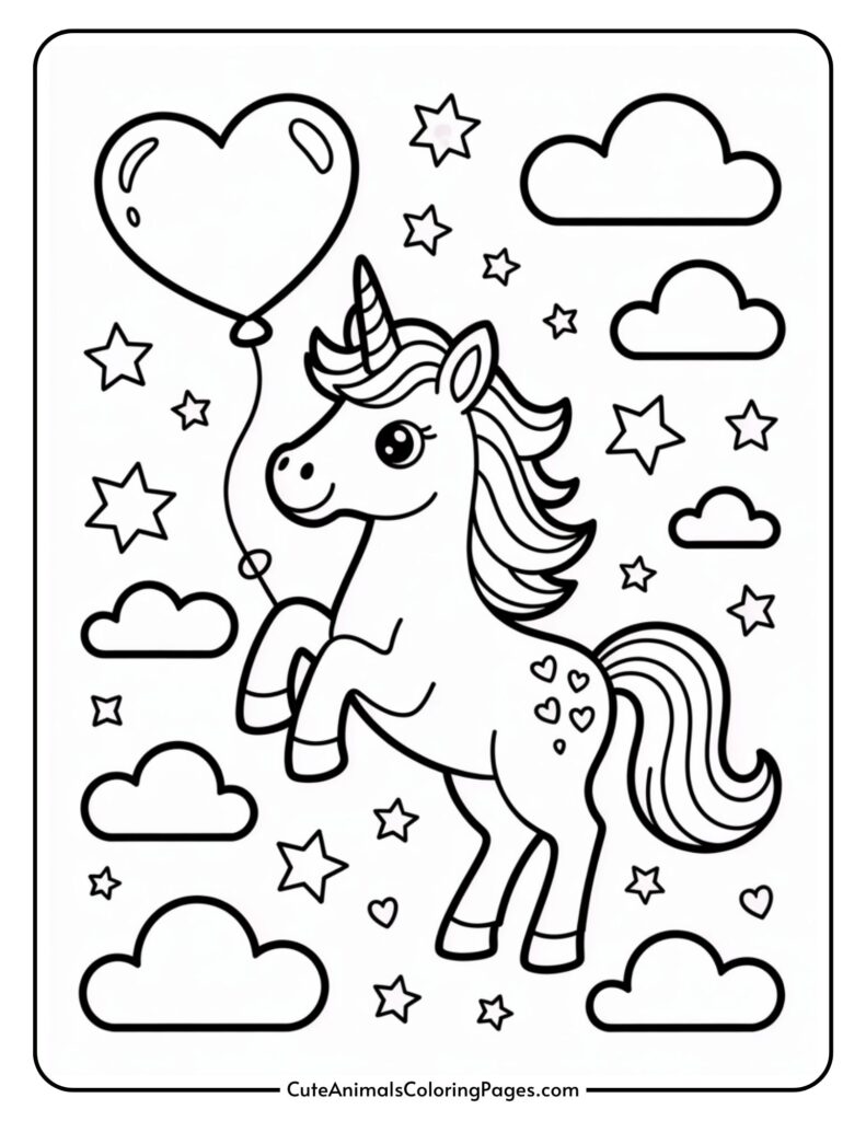 A unicorn with a heart-shaped balloon surrounded by stars and clouds.