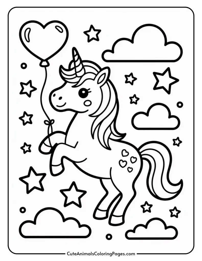 A coloring page featuring a unicorn holding a heart-shaped balloon, surrounded by stars and clouds.
