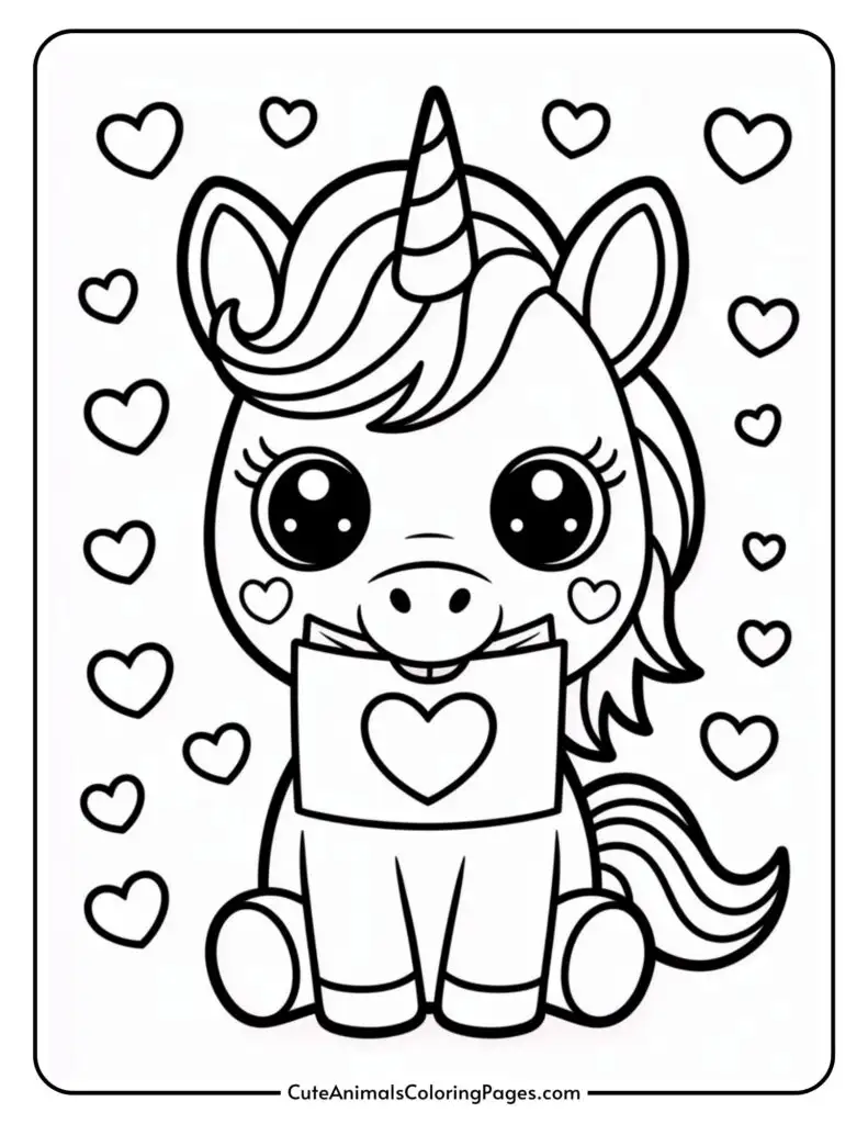 A cartoon unicorn with large eyes holds a sign with a heart, surrounded by small heart shapes.