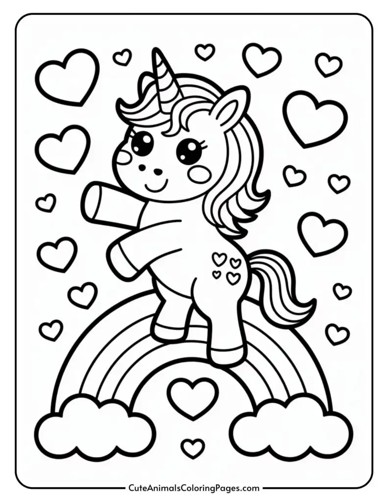 A cute unicorn with a wavy mane stands on a rainbow, surrounded by hearts.