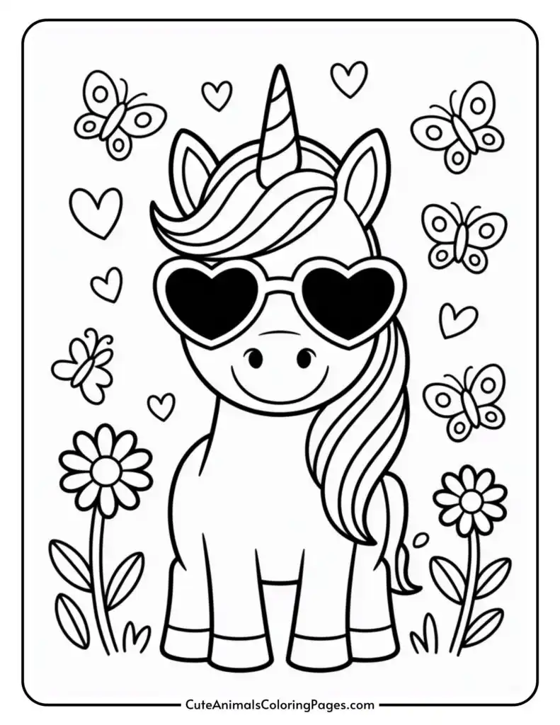 A cartoon unicorn wearing heart-shaped sunglasses, surrounded by butterflies, flowers, and hearts.