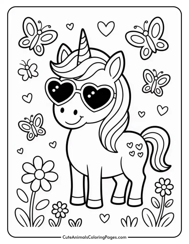 A cute unicorn with heart-shaped sunglasses is surrounded by butterflies, flowers, and hearts in a coloring page.