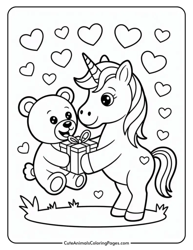 A bear and a unicorn exchange a gift surrounded by hearts.