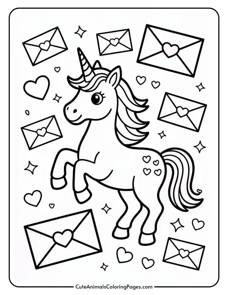 A unicorn surrounded by hearts and envelopes, standing on its hind legs with a playful expression.