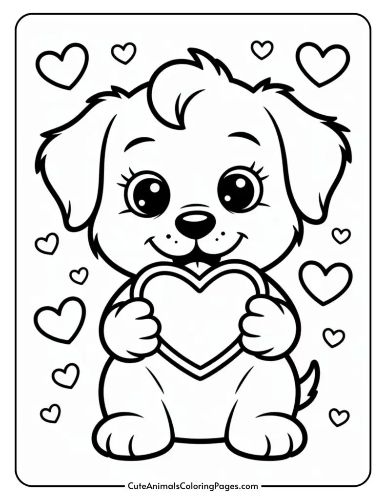 Cartoon puppy holding a heart, surrounded by smaller hearts, in a coloring page style.