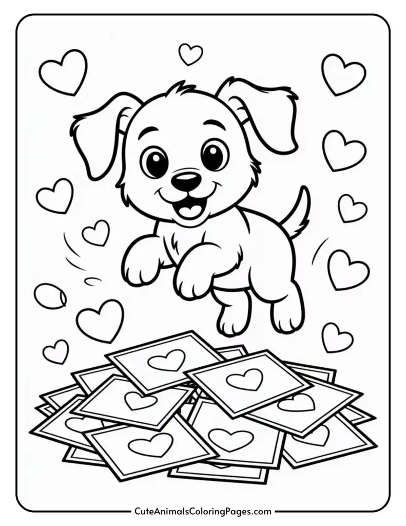 A cartoon puppy happily jumping among floating hearts and scattered letter envelopes.