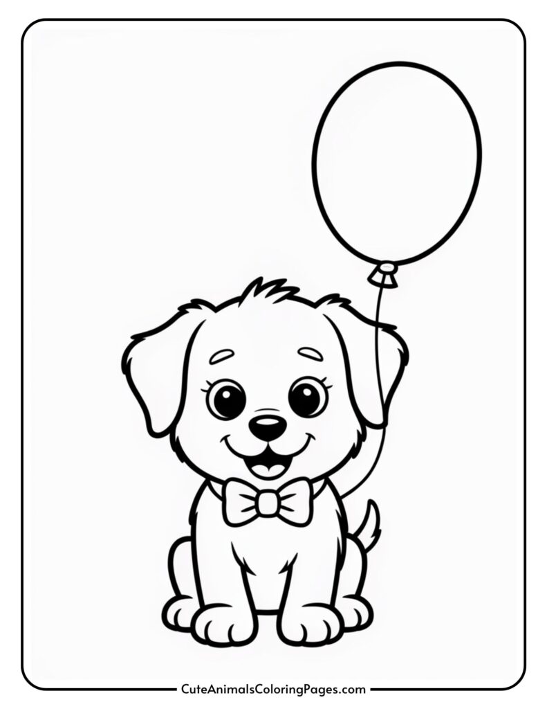 Cartoon puppy wearing a bow tie, sitting with a balloon tied to its tail.