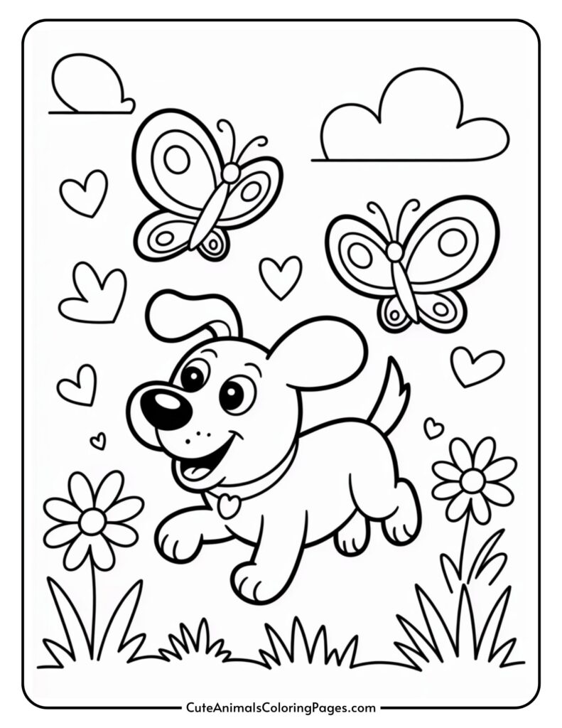 A playful cartoon dog running with two butterflies and hearts in the sky, surrounded by flowers and grass.