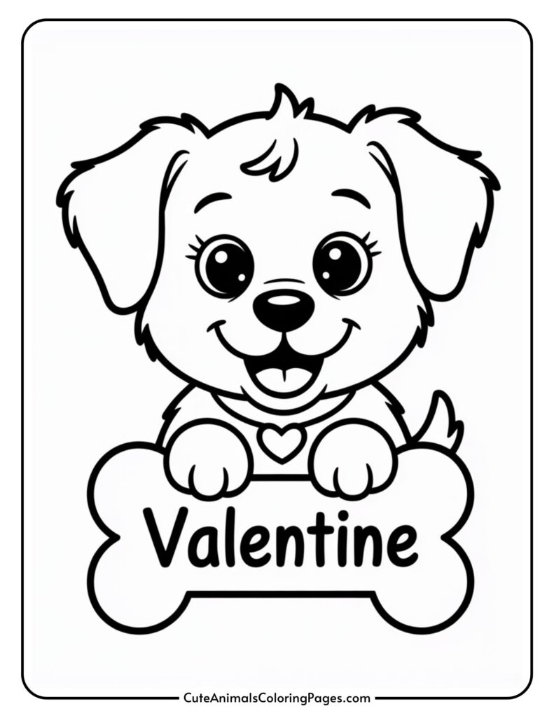 Smiling cartoon puppy holding a bone with the word "Valentine" on it.