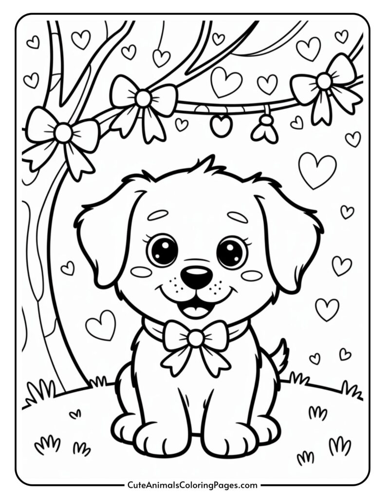 A cartoon puppy with a bow tie sits under a tree with bow-adorned branches and heart decorations.