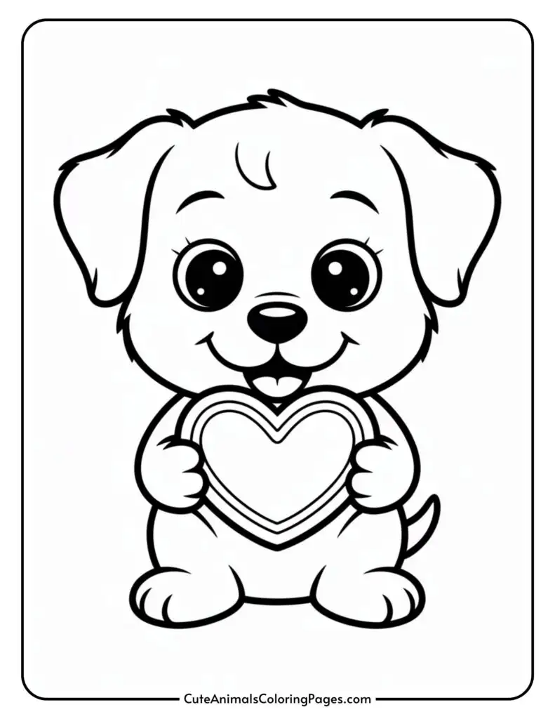 A cartoon puppy holding a heart with a smiling expression.