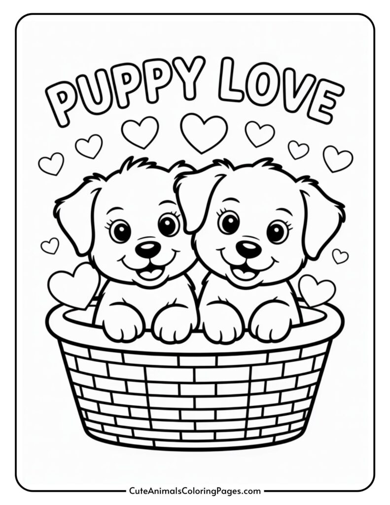 Two cartoon puppies in a basket surrounded by hearts, with "Puppy Love" written above.
