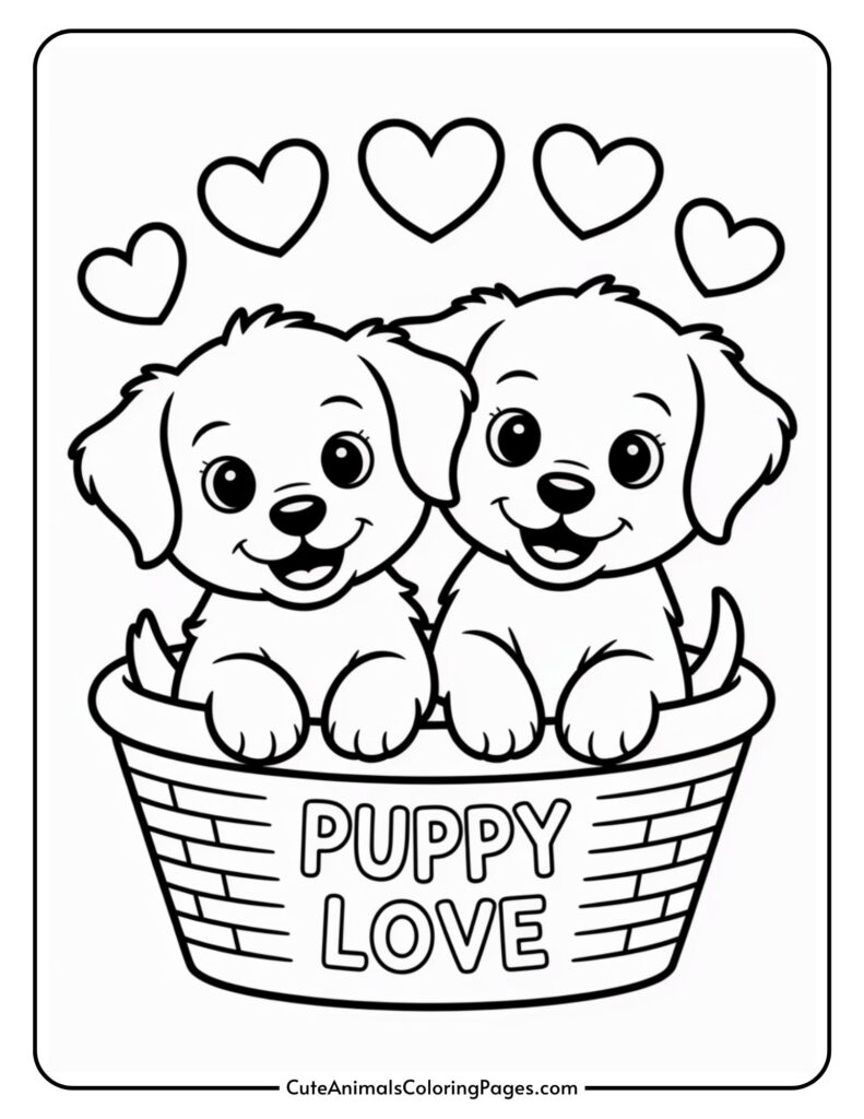 Two smiling puppies sitting in a basket labeled "Puppy Love" with hearts above them.