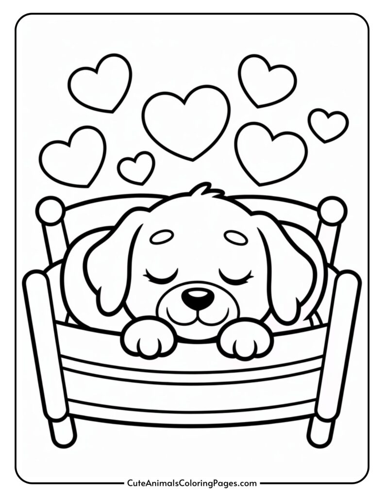 A coloring page featuring a sleeping puppy in a bed, surrounded by floating hearts.