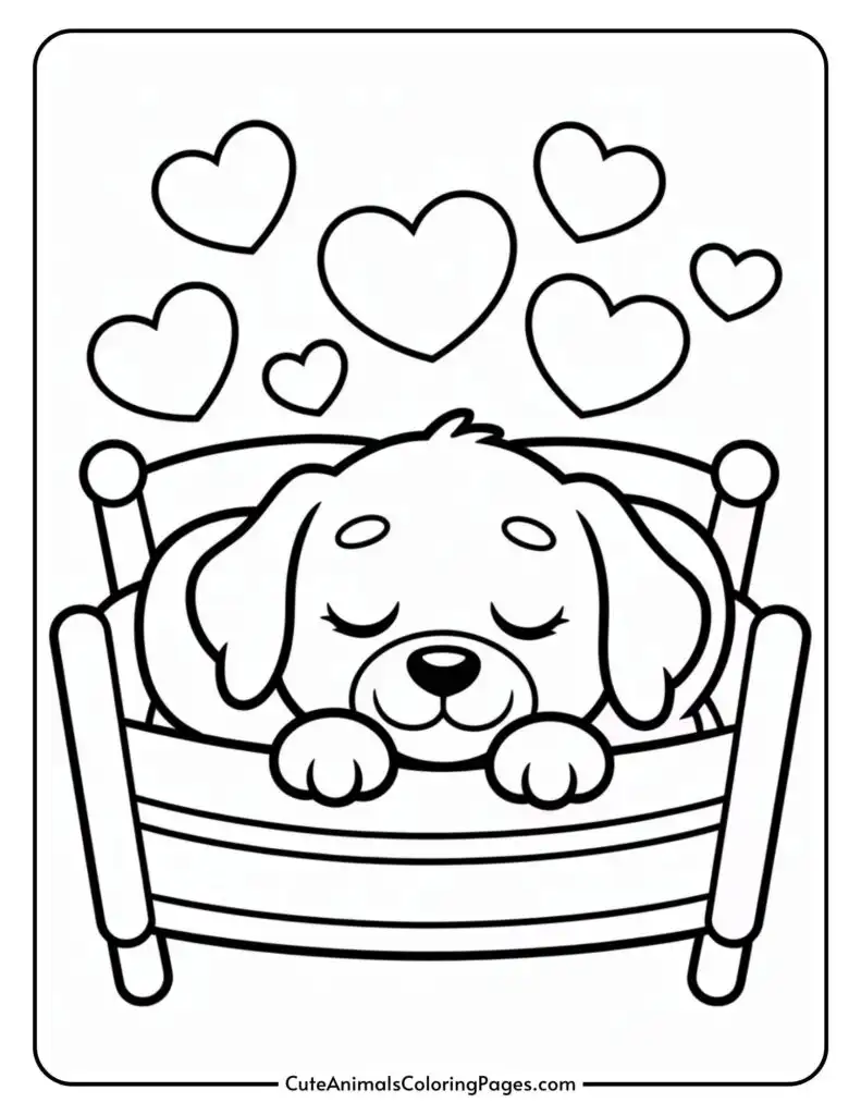 A coloring page featuring a sleeping puppy in a bed, surrounded by floating hearts.