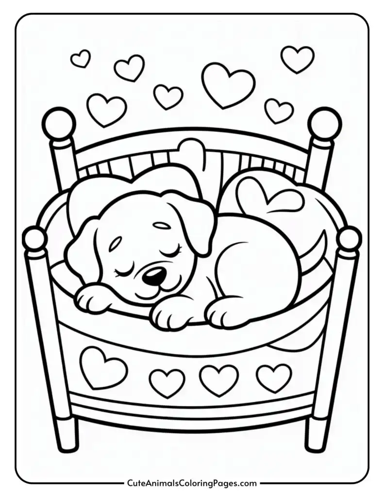 A sleeping puppy in a bed decorated with heart shapes, surrounded by floating hearts.